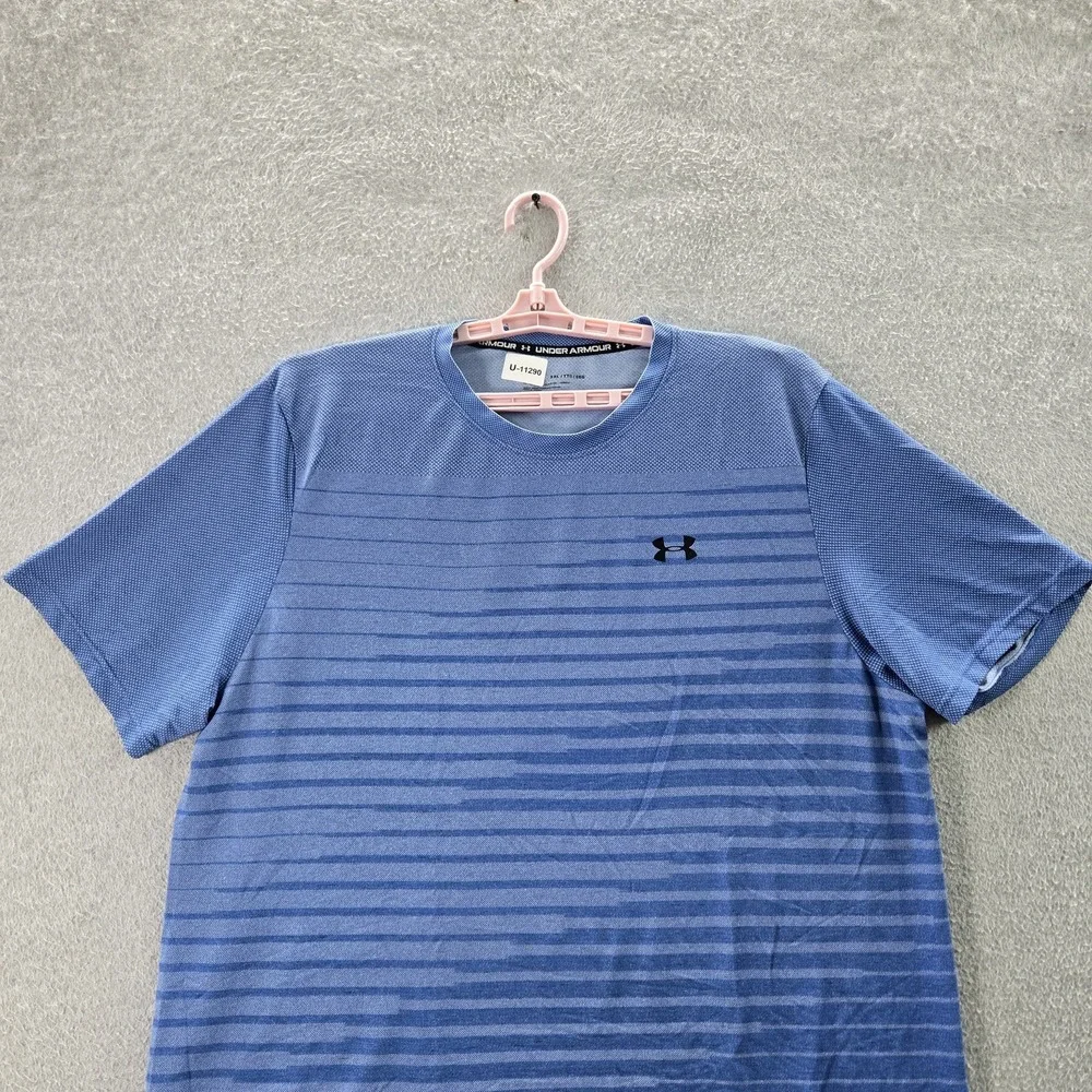 Under Armour Men Shirt XXL‎ Blue Striped Activewear Logo Fitted Short Sleeve